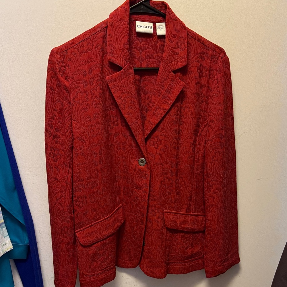 Chico's Red Jacquard Notch-Lapel Blazer